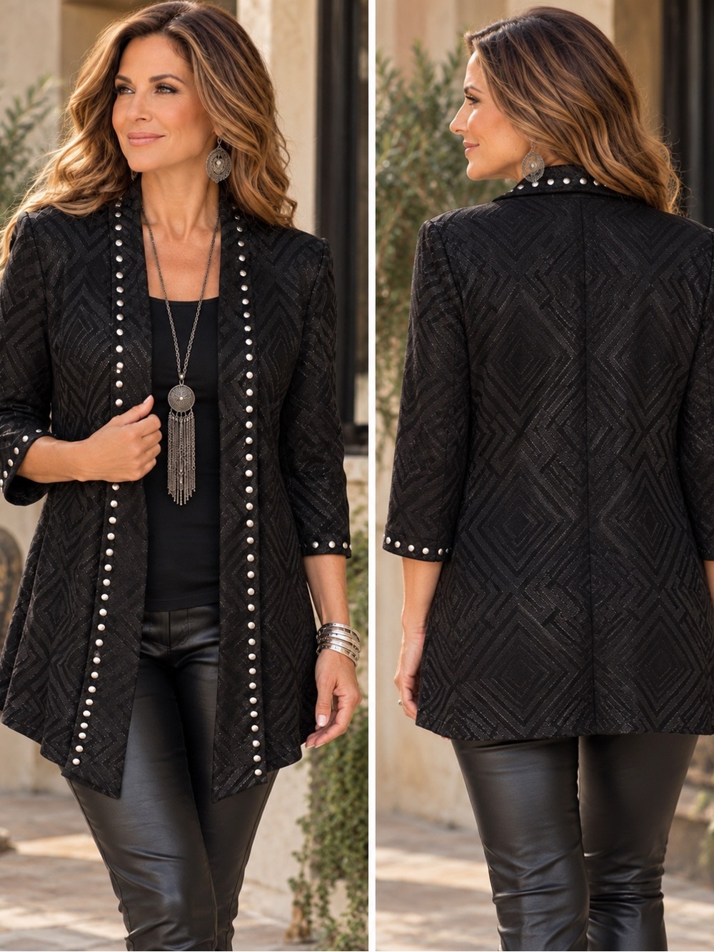 Ming Wang XL Black Geometric Studded Open Front Cardigan Art to Wear Jacket Goth